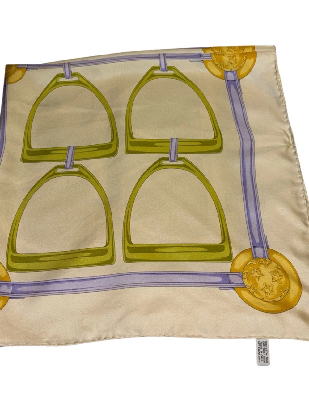 Celine Silk Scarf in Cream, Green & Purple with Gold Motif